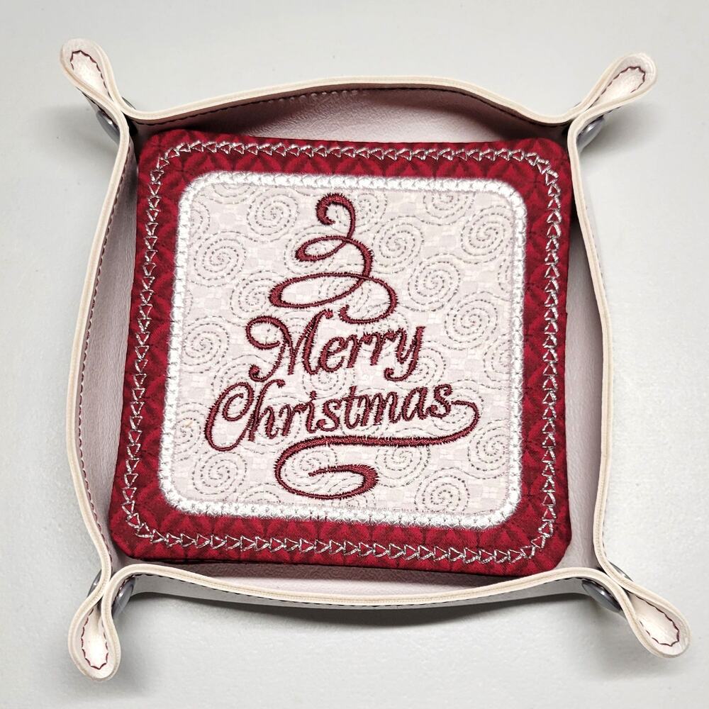 Merry Christmas Embroidered Fabric Coasters Set of 4 Cork Inserts Snap Holder